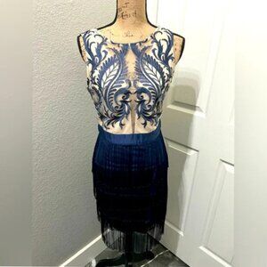 Midnight Blue Midi w/ Intricate Embroidery And Fringe Detail